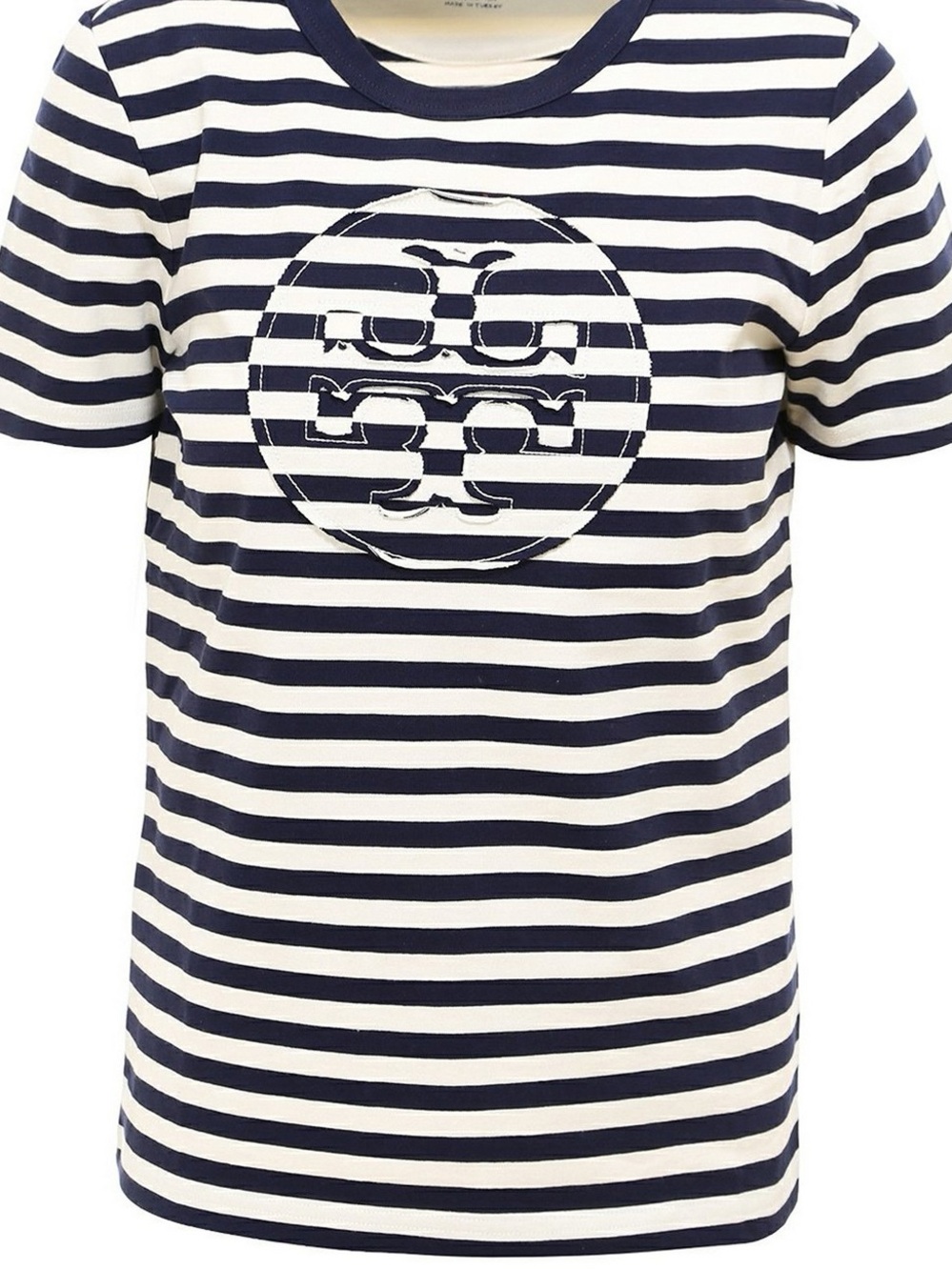 Tory Burch Navy and Cream Striped Logo Crew Short Sleeve Tee